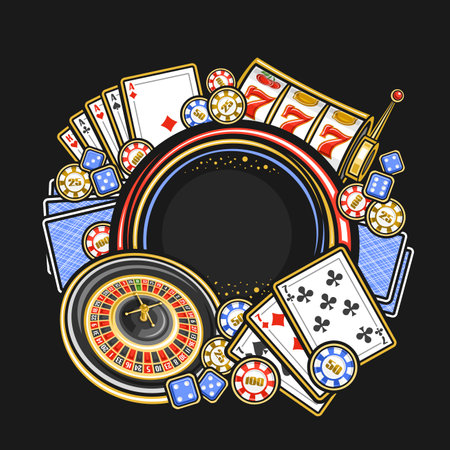 Vector frame for Casino with copy space for text, round signboard for casino in Las Vegas with illustration of european roulette wheel, colorful casino coins, poker four of a kind, blue gambling cubesのイラスト素材