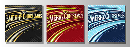 Vector Christmas Card set with copy space for congratulations, square variety templates with illustrations of decorative flourishes and stars on striped background and words merry christmasのイラスト素材