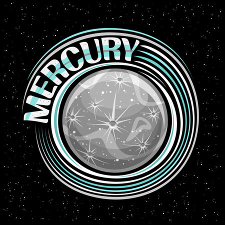 Vector logo for Mercury, decorative fantasy print with rotating planet mercury, stone surface with craters and mountains, cosmo sticker with unique lettering for text mercury on dark starry backgroundのイラスト素材
