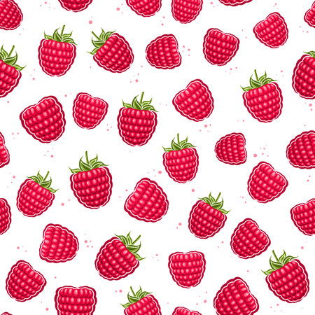 Vector Raspberry Seamless Pattern, repeat background with cut out illustration of ripe whole...