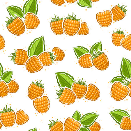 Vector Yellow Raspberry seamless pattern, repeat background with illustration of raspberries still life composition with green leaves for wrapping paper, collection of flat lay yellow raspberry fruitsのイラスト素材