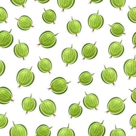 Vector Green Gooseberry seamless pattern, repeating background with cut out illustration of ripe farm gooseberries for wrapping paper, collection of flat lay green gooseberry fruits for home interiorのイラスト素材
