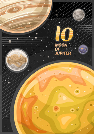 Vector Poster for Io, vertical banner with illustration of rotating orange moon io around cartoon jupiter planet on black starry background, decorative cosmo leaflet with words io - moon of jupiterのイラスト素材
