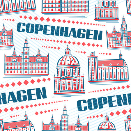 Vector Copenhagen Seamless Pattern, repeat background with illustration of famous copenhagen city scape on white background for bed linen, decorative line art urban poster with blue text copenhagenのイラスト素材