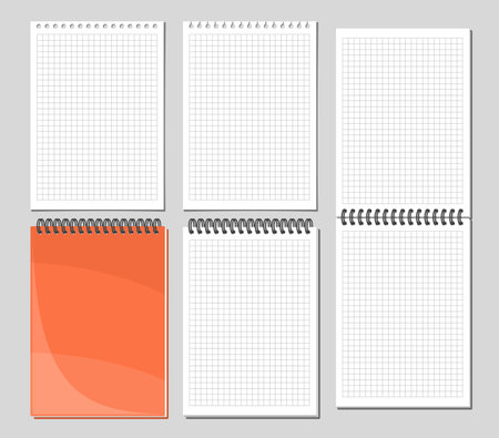 Vector Notepad Set, collection of 5 cut out illustrations of various checkered notepad pages, group of opened and closed spiral notepads on gray background, set of white a4 format vertical copy spacesのイラスト素材