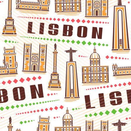 Vector Lisbon Seamless Pattern, repeat background with illustration of famous yellow lisbon city scape on white background for wrapping paper, decorative line art urban poster with brown text lisbonのイラスト素材