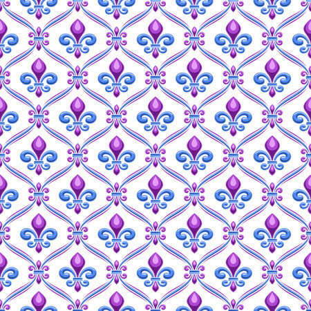 Vector Fleur de Lis Seamless Pattern, repeating background with illustrations of art diamond pattern and fleur de lis in grid cells, square poster with vivid blue flourish ornament on white backgroundのイラスト素材