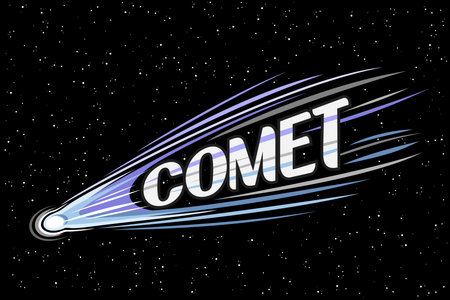 Vector illustration of Comet, horizontal astronomical poster with shooting purple ice comet, line...