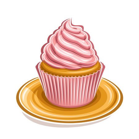 Vector logo for Pink Cupcake, square poster with illustration of fruit cupcake packed in pink suit with twisted rose cream for cafe menu, mini wedding cupcake on saucer, isolated on white backgroundのイラスト素材
