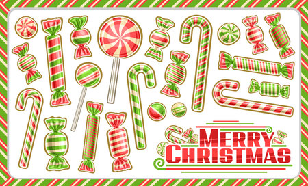 Vector Christmas Candy Set, collection of cut out illustrations striped candy canes for new year and christmas kids party, xmas wrapping cute snacks and red text merry christmas on white backgroundのイラスト素材