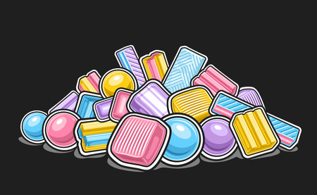 Vector Bubble Gum Heap, decorative horizontal poster with outline illustration of variety bubblegum composition, heap of group many different bubble gums and menthol vivid candies on dark backgroundのイラスト素材
