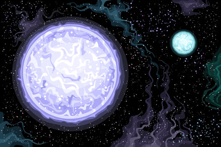 Vector Fantasy Space Chart, horizontal poster with cartoon design brightest binary star system Sirius A and Sirius B in deep space, decorative futuristic cosmo print with black starry space backgroundのイラスト素材