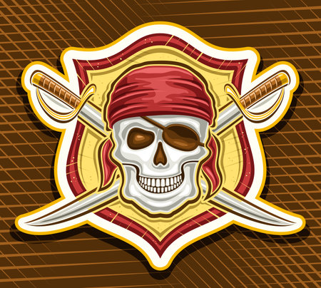 Vector logo for Pirate Skull, decorative label with illustration of wicked smiling pirate skull in red bandana and crossed swords for e-sport team, mascot for children pirate party on brown backgroundのイラスト素材