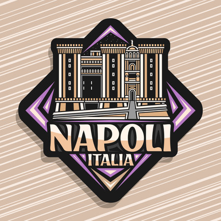 Vector logo for Napoli, dark rhombus road sign with outline illustration of illuminated italian symbol castel nuovo on twilight sky background, decorative refrigerator magnet with text napoli italiaのイラスト素材