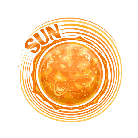 Vector logo for Sun, decorative cosmic print with rotating star sun, gas surface with explosions and fire, cartoon design round cosmo tag with unique lettering for orange text sun on white backgroundのイラスト素材