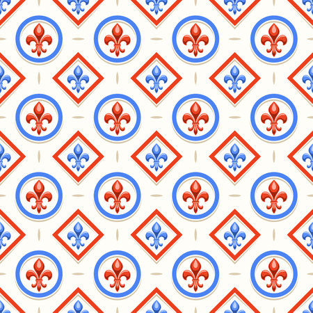Vector Fleur de Lis Seamless Pattern, repeat background with illustrations of vintage pattern with fleur de lis in circle and rhombus cells, square poster with old french ornament on white backgroundのイラスト素材