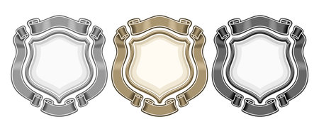 Vector Heraldic Emblems Set, collection of 3 isolated illustrations heraldry emblems with copy space, group of decorative various vintage emblem layouts with ribbons for title text on white backgroundのイラスト素材