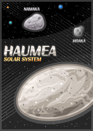 Vector Poster for Haumea, futuristic vertical banner with illustration of oval dwarf planet with moon Hi'iaka and Namaka on black starry background, fantasy cosmo leaflet with text haumea solar systemのイラスト素材