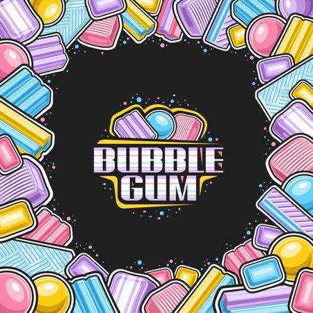 Vector Bubble Gum Frame, square placard with outline illustration of vivid bubblegum composition, group of many mint bubblegums, yummy variety candies and purple text bubble gum on black backgroundのイラスト素材