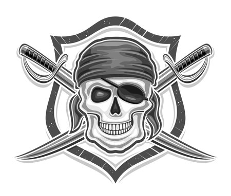 Vector logo for Pirate Skull, decorative poster with illustration of wicked smiling pirate skull in grey bandana and crossed sword for esport team, mascot for children pirate party on white backgroundのイラスト素材