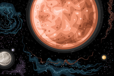 Vector Fantasy Space Chart, horizontal astronomical poster with illustration of trans-neptunian dwarf planet Sedna in deep space, decorative futuristic cosmic print with black starry space backgroundのイラスト素材