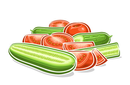 Vector logo for Tomato and Cucumber, decorative horizontal poster with outline illustration of cucumber-tomato composition, cartoon design vegetable print with variety veggie parts on white backgroundのイラスト素材