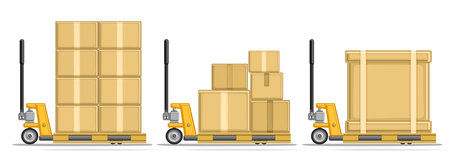 Vector set of Pallet Trucks, horizontal header with isolated illustrations of profile side view pallet jack with pile of paper boxes, warehouse pallet jack with large wooden box on white backgroundのイラスト素材