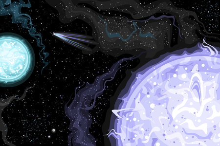 Vector Fantasy Space Chart, horizontal poster with cartoon design bluish white brightest binary star system and flying comet in deep space, decorative cosmic print with black starry space backgroundのイラスト素材