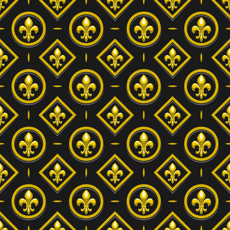 Vector Fleur de Lis Seamless Pattern, repeating background with illustrations of lattice pattern and gold fleur de lis in round and rhomb cells, square poster with french ornament on dark backgroundのイラスト素材