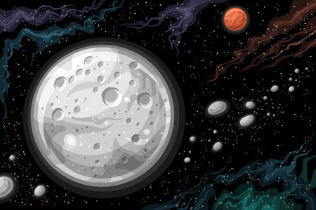 Vector Fantasy Space Chart, horizontal astronomical poster with cartoon design dwarf planet Ceres with asteroid belt in deep space, decorative futuristic cosmo print with black starry space backgroundのイラスト素材