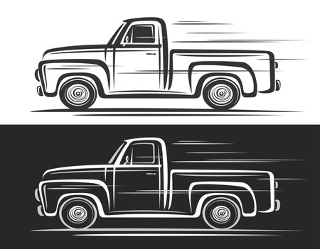 Vector logo for Vintage Truck, horizontal decorative banners with contour clip art illustration of us historic truck in motion, line design monochrome old cargo truck on black and white backgroundのイラスト素材
