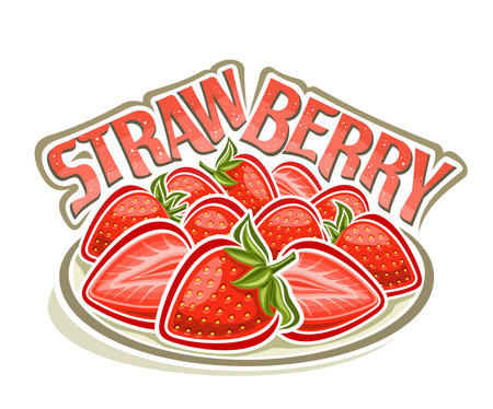 Vector Strawberry Plate, decorative poster with outline illustration of rustic strawberries composition with green leaves, cartoon design fruity print with many whole strawberries and chopped partsのイラスト素材