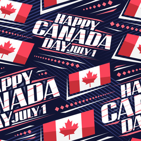 Vector seamless pattern for Canada Day, square background with illustration of canadian flag with red maple leaf and decorative stripes, placard with text happy canada day, july 1 on black backgroundのイラスト素材