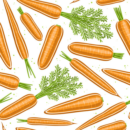 Vector Carrot Seamless Pattern, decorative background with flying cartoon ripe carrots for wrapping paper, square placard with flat lay outline raw carrot fruits with green leaves on white backgroundのイラスト素材