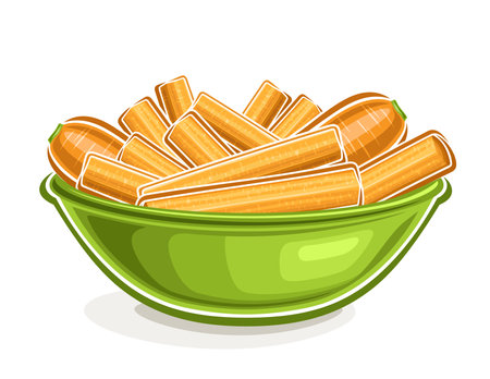 Vector logo for Carrot, decorative horizontal poster with outline illustration of yellow carrot composition in green bowl, cartoon design vegetable print with young crunchy carrots on white backgroundのイラスト素材