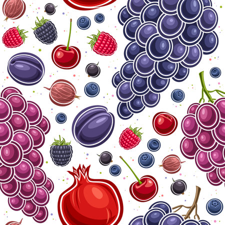 Vector Berry Seamless Pattern, decorative background with flying ripe cartoon berries for wrapping paper or bed linen, square placard with flat lay berry fruits with green leaves on white backgroundのイラスト素材