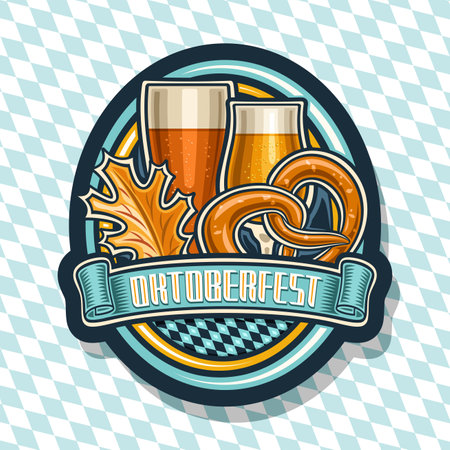Vector logo for Oktoberfest, decorative ellipse sign board with outline illustration oktoberfest pretzel, yellow autumn leaf, pint beer glasses and medieval text oktoberfest on blue rhombs backgroundのイラスト素材