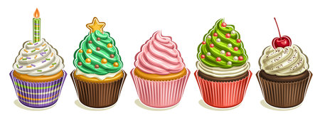Vector Cupcake Set, collection of cut out illustrations different home made cute cupcakes in paper package with twisted cream, group of colorful cartoon small cupcakes in a row on white backgroundのイラスト素材