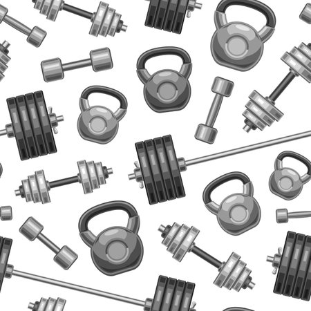 Vector Gym Seamless Pattern, decorative background with collection of cut out illustration flying gym dumbbells and fit kettlebells, square poster with set of flat lay gym products on white backgroundのイラスト素材