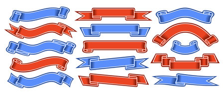 Vector Ribbon Banners Set, collection of isolated illustrations horizontal festive ribbons for slogan, group of 15 variety ribbons with copy space, red and blue design elements on white backgroundのイラスト素材