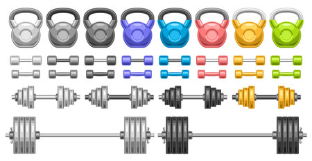 Vector Dumbbell Set, collection of cut out illustrations variety colorful dumbbells and monochrome barbells for fitness room, group of metall fitness products for workout on white backgroundのイラスト素材