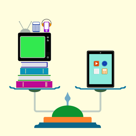 Libra with computer tablet, books, tv, calculator. Flat designのイラスト素材