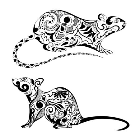 Silhouette of a rat. Rat ornament. Symbol of chinese new year. Zodiac sign of the chinese horoscopeのイラスト素材