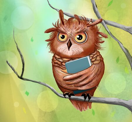Cartoon clever owl with a book on white backgroundの写真素材
