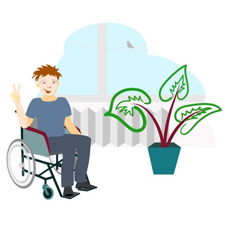 Man sitting in a wheelchair and shows a sign of peaceのイラスト素材