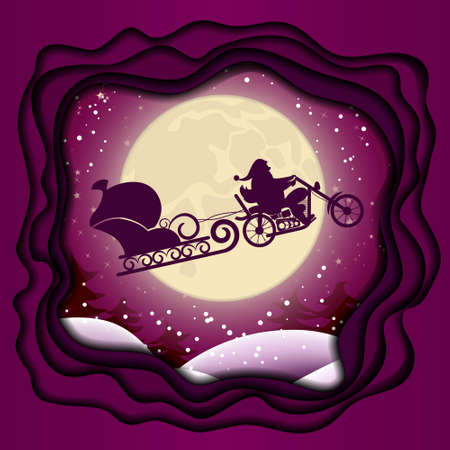Christmas illustration of Santa on a motorcycle with a sledge on background of the full moon. Santa claus silhouette with cut paper effect.の写真素材
