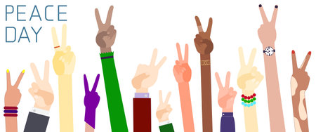 Hands of different nationalities with the sign of peace. Peace Day. Flat designのイラスト素材
