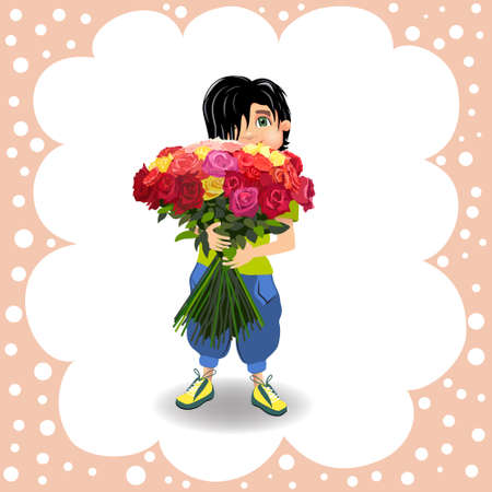 Boy with a large bouquet of flowers of roses. Cartoon background.のイラスト素材
