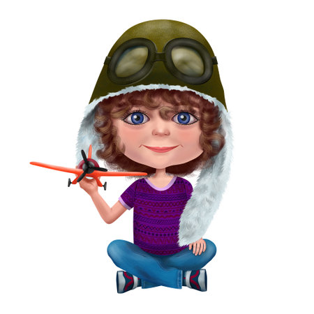 3D rendering of a cute little girl pilot with a toy plane isolated on white backgroundの写真素材