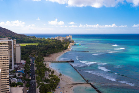 Waikiki Beach seen from the balcony of a hotelの写真素材